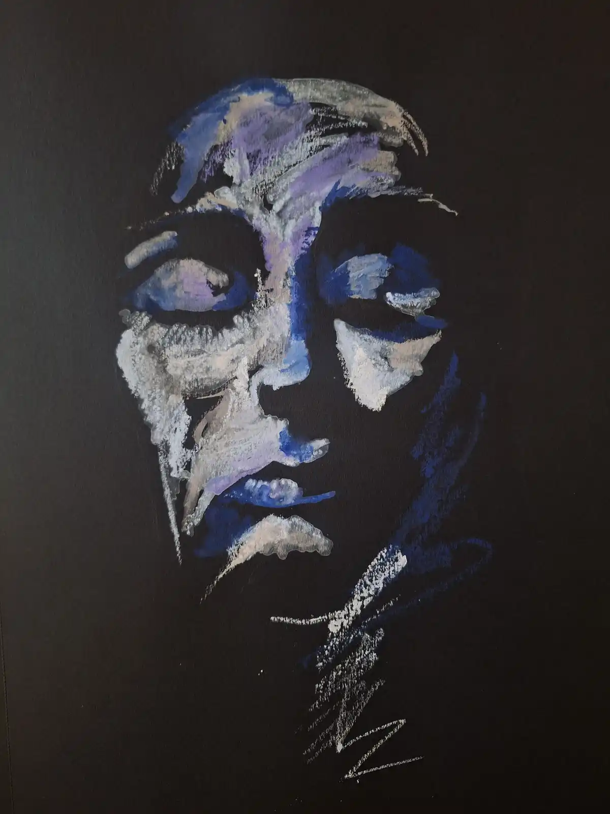 A stylized, abstract portrait of a person's face rendered in blue, purple, and white chalk-like strokes on a black…