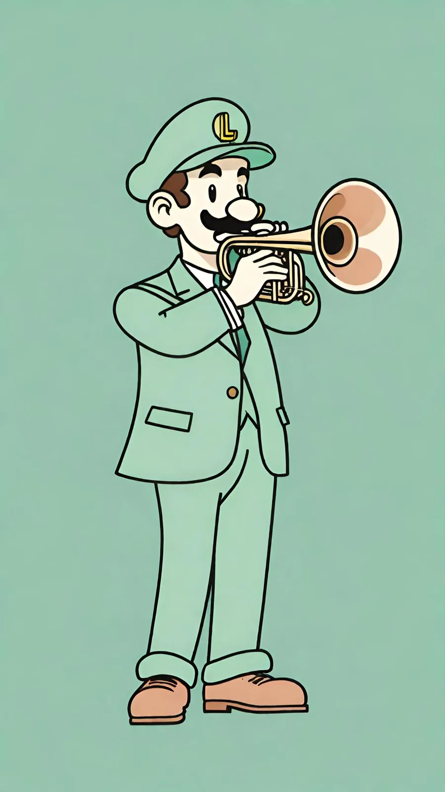 A cartoon Luigi in a full green suit and hat with an 'L' emblem plays a trumpet against a solid teal background. The image…