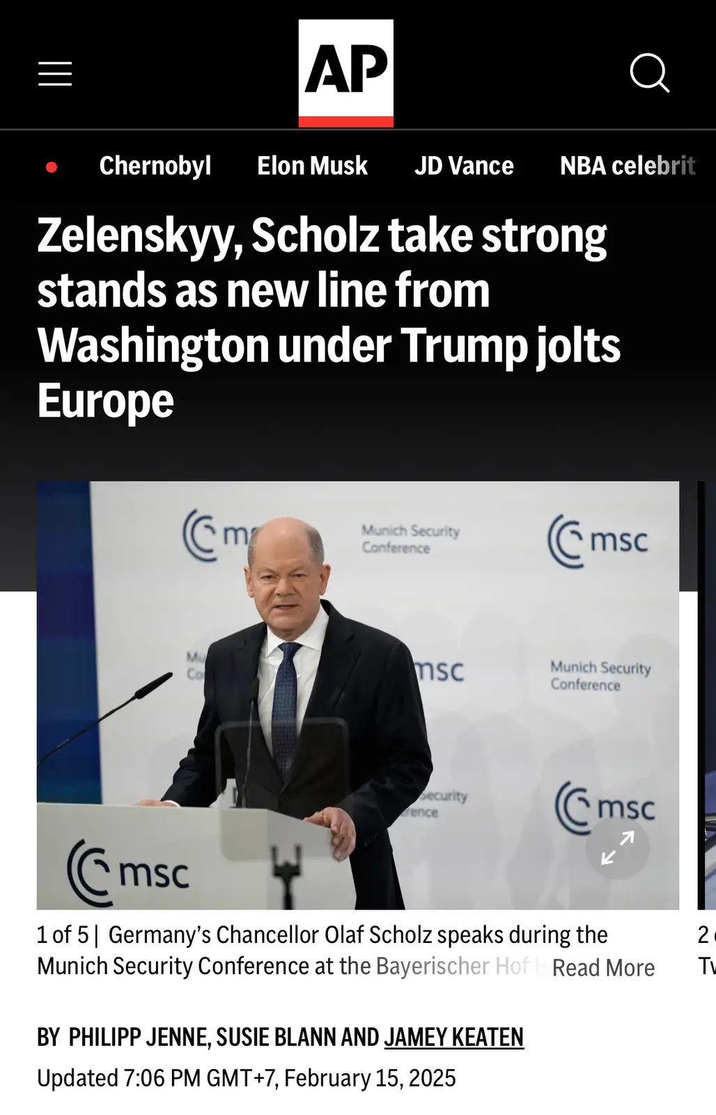 A screenshot of an Associated Press news article shows Germany's Chancellor Olaf Scholz speaking at a podium during the…