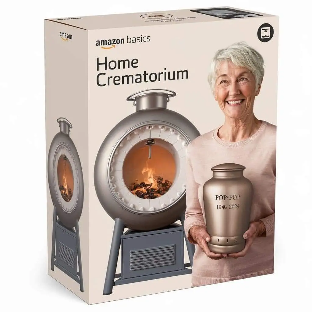 A product box for 'Amazon Basics Home Crematorium' shows a smiling elderly woman holding a cremation urn labeled 'POP-POP…