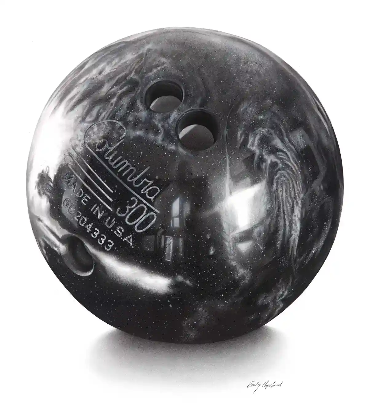 A highly detailed, monochrome drawing of a glossy black Columbia 300 bowling ball with three finger holes, showing engraved…