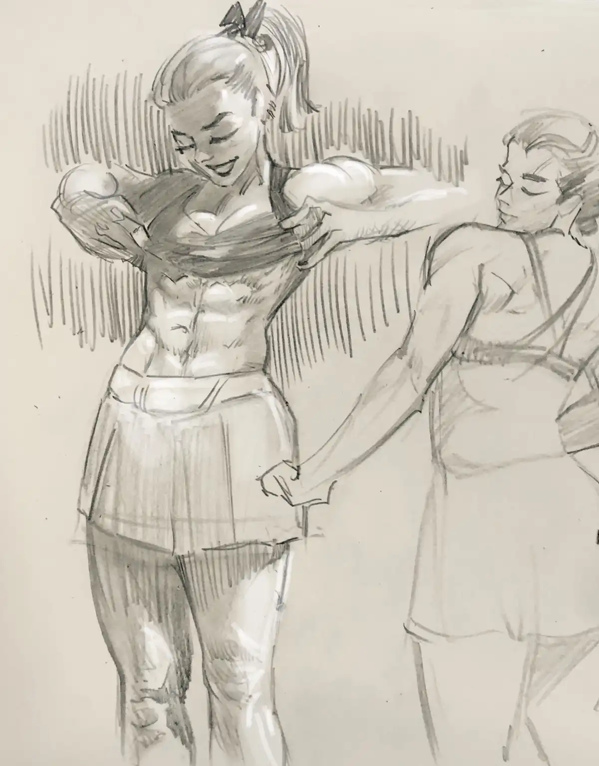A pencil sketch shows a woman in a cheerleader outfit flexing her extremely muscular arms and torso while smiling, with…