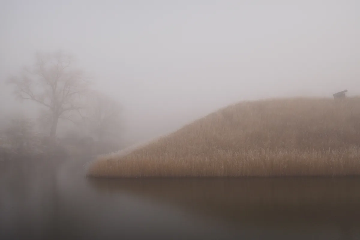 A foggy landscape with a body of water in the foreground, a grassy hill rising from the water, and bare trees visible…