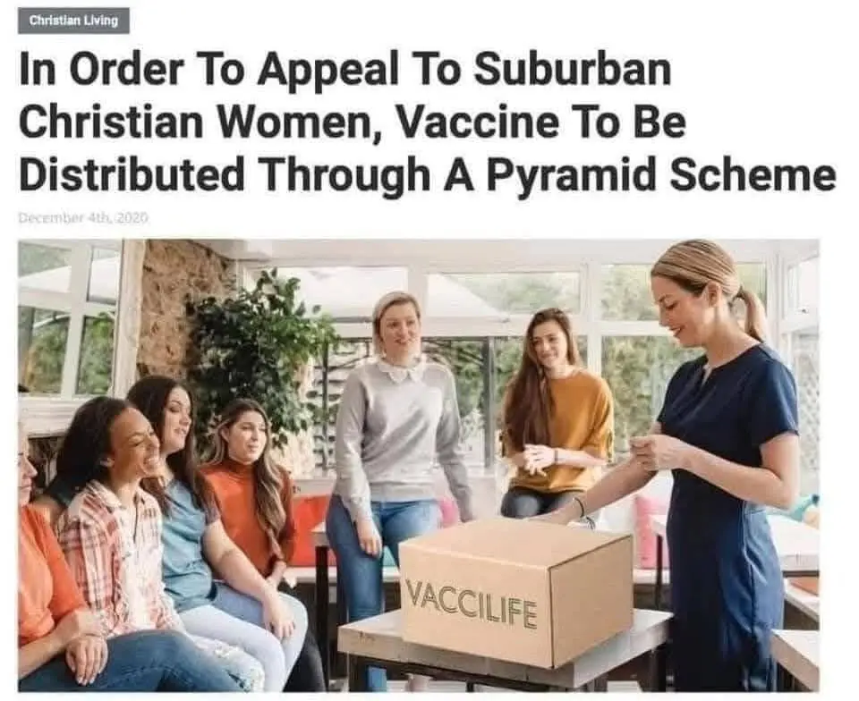 A woman in blue scrubs administers a vaccine to a seated woman while other women watch. A cardboard box labeled 'VACCILIFE'…
