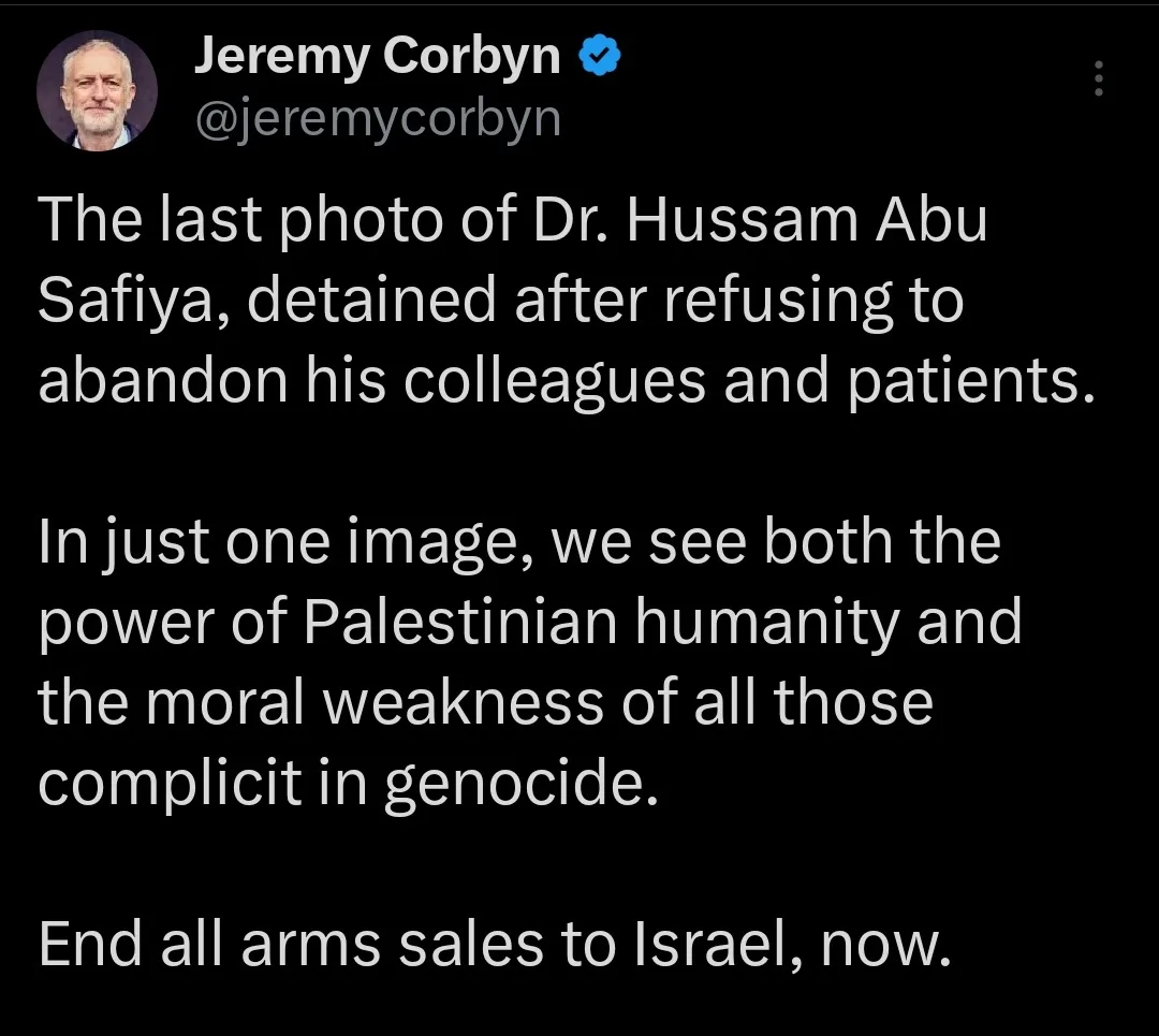 A screenshot of a tweet by Jeremy Corbyn showing a black background with white text. The text is a statement about Dr…
