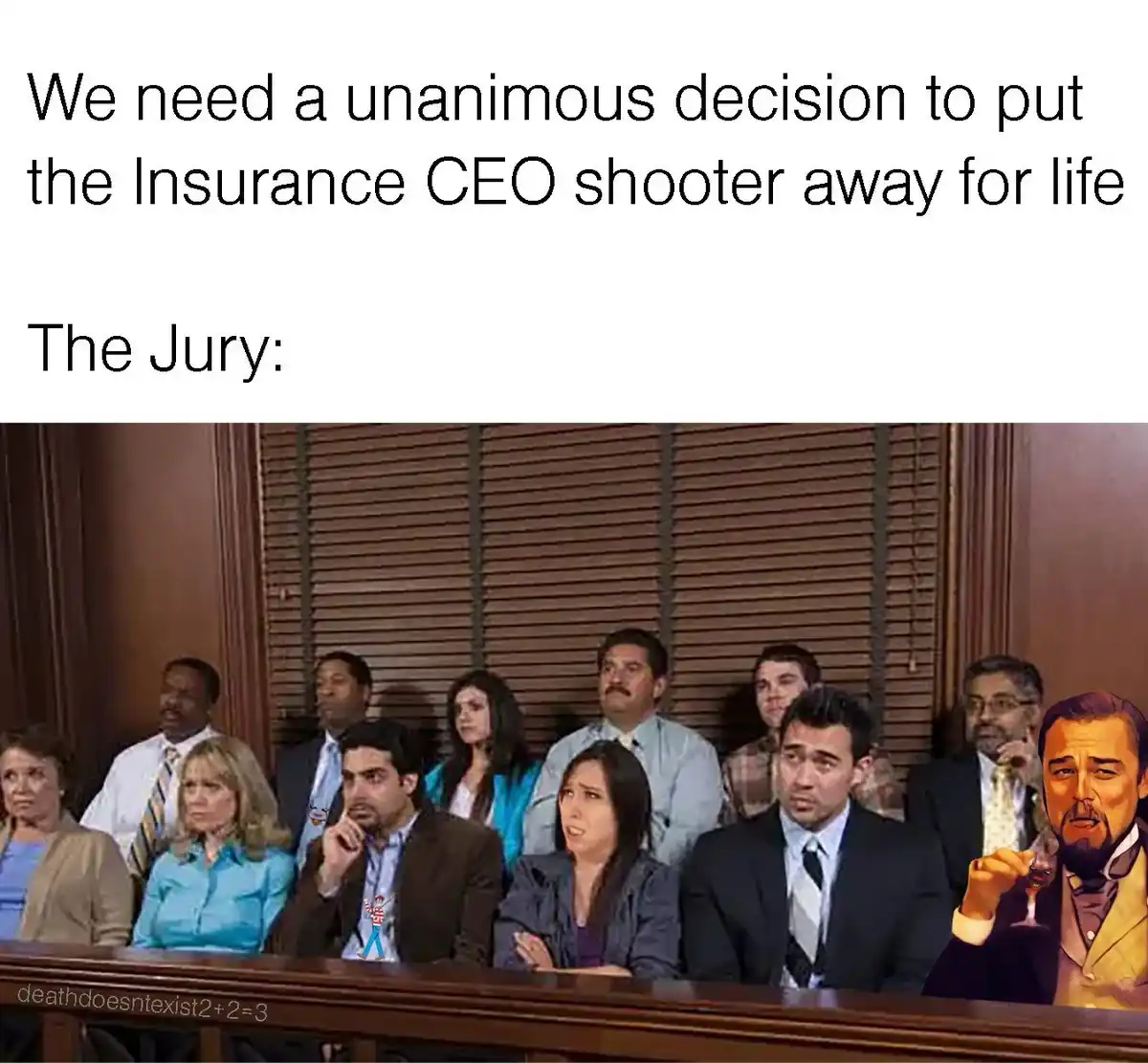 A courtroom jury scene with several people in formal attire looking serious or confused. One person has a cartoonish…