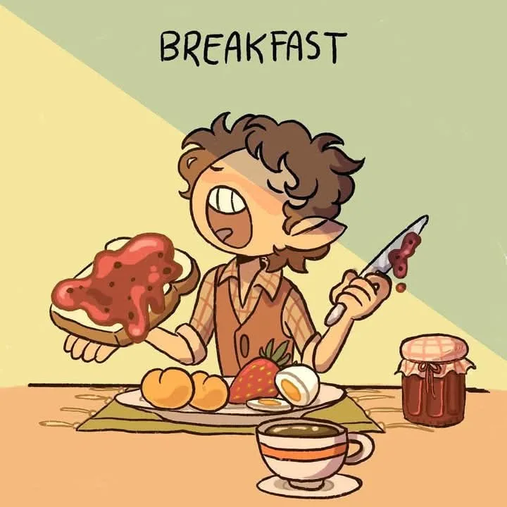A cartoon elf with messy brown hair and pointed ears sits at a table with a plate of breakfast food including eggs, fruit…