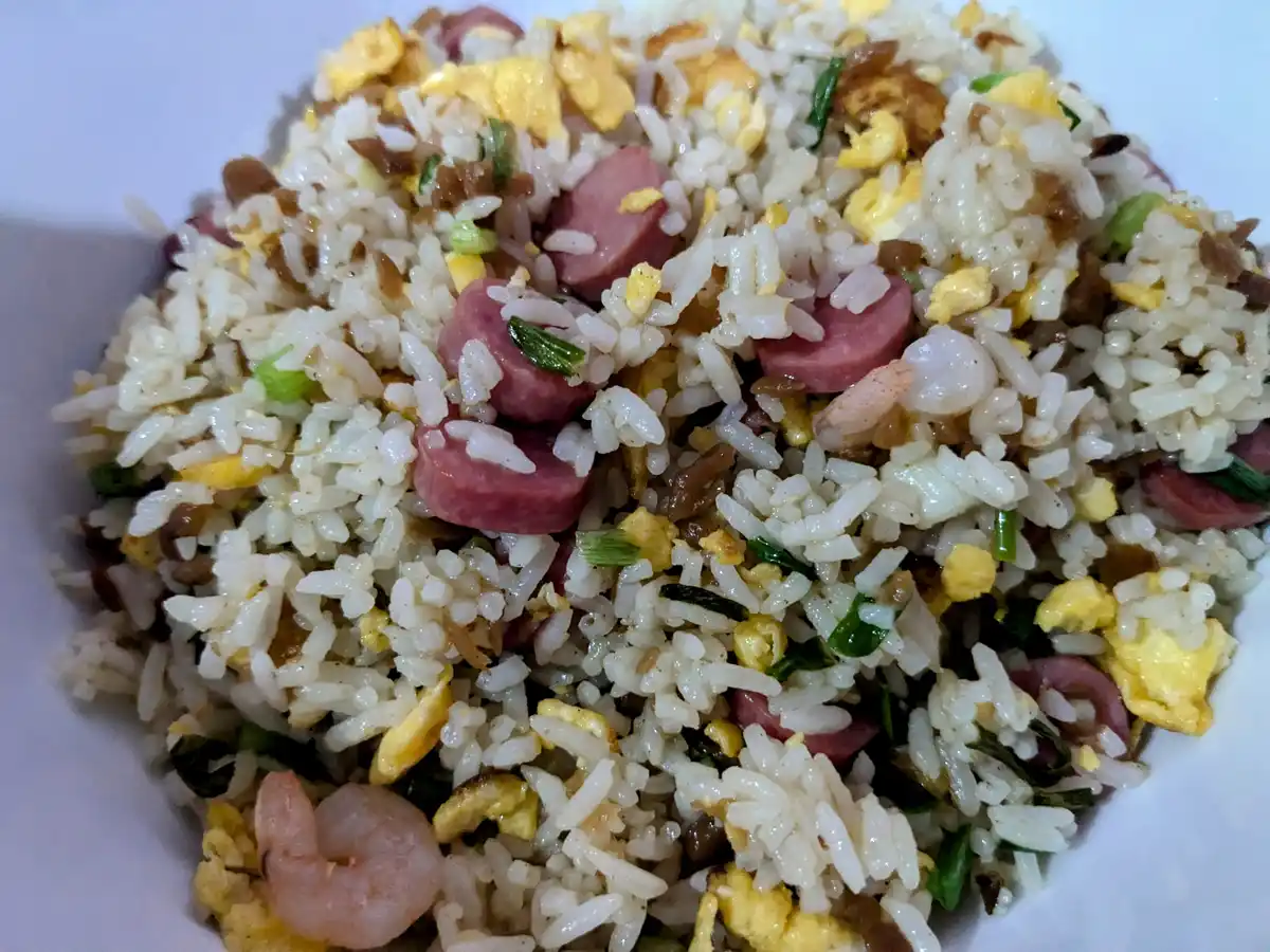 Delicious Egg Fried Rice Loaded with Chicken Franks, Shrimps, and Flavorful Preserved Radish