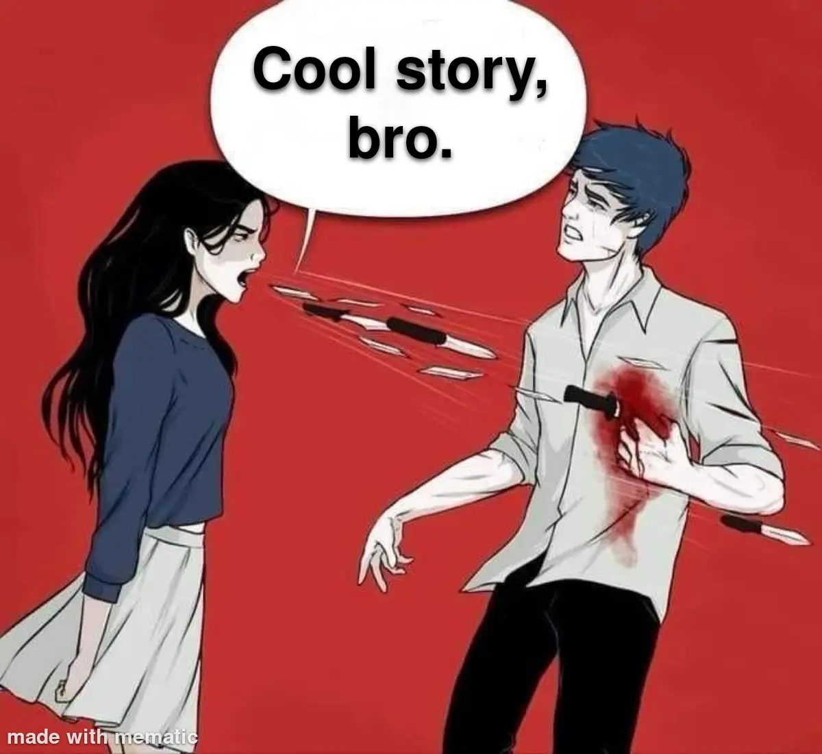 An anime-style illustration shows a woman yelling at a man who is stabbed multiple times with knives; a speech bubble above…