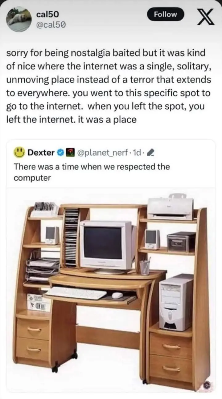 An image of a wooden computer desk with a CRT monitor, keyboard, mouse, printer, and tower, overlaid with text from a tweet…