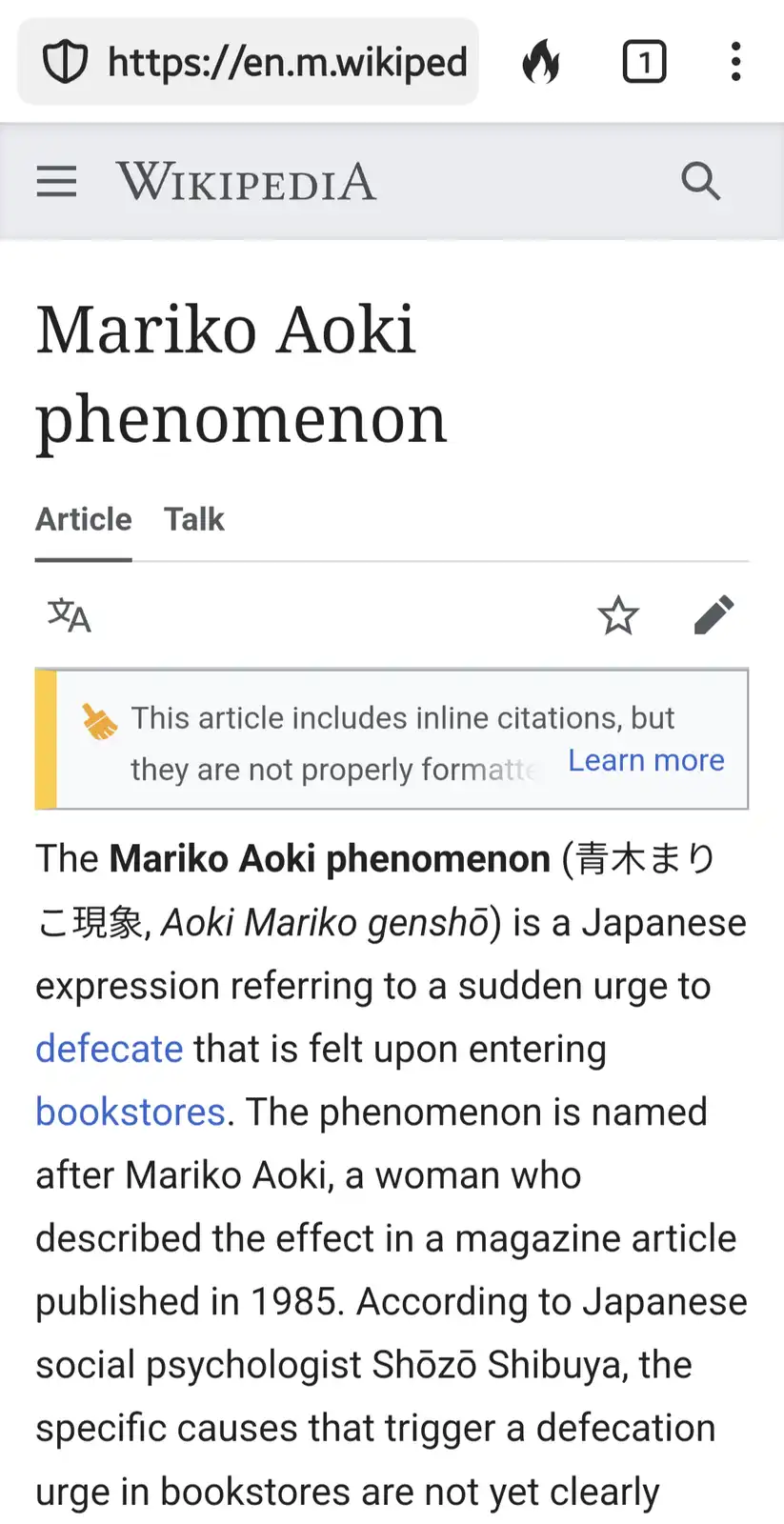 A screenshot of the Wikipedia mobile page for 'Mariko Aoki phenomenon' shows the article's introductory paragraph defining…
