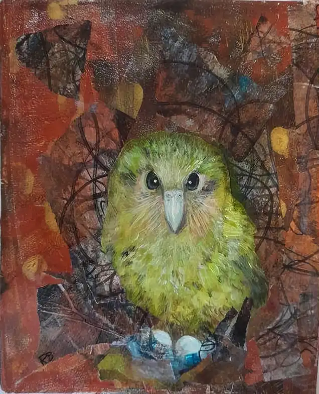 A painting of a green, fluffy bird with large dark eyes and a light beak, sitting in a nest with two blue eggs. The…