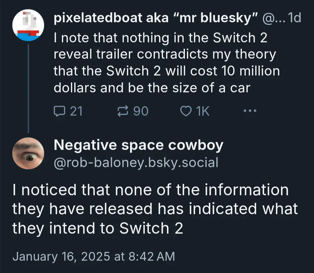 A screenshot of two Bluesky social media posts. The top post by 'pixelatedboat aka "mr bluesky"' claims the Switch 2 will…