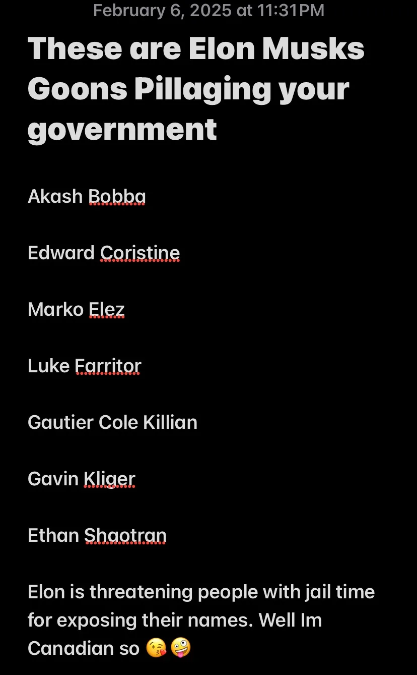 A black background image displays white text listing names like Akash Bobba, Edward Coristine, and others, with some names…