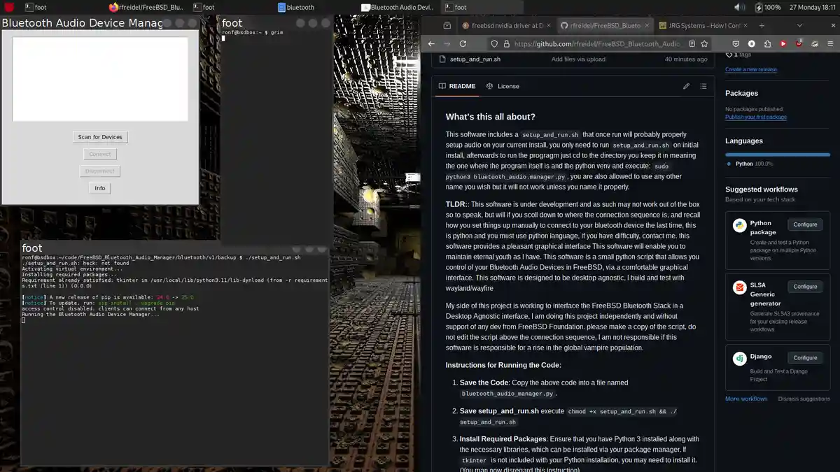 A screenshot of a FreeBSD desktop with multiple terminal windows and a GitHub repository page open. One terminal shows a…