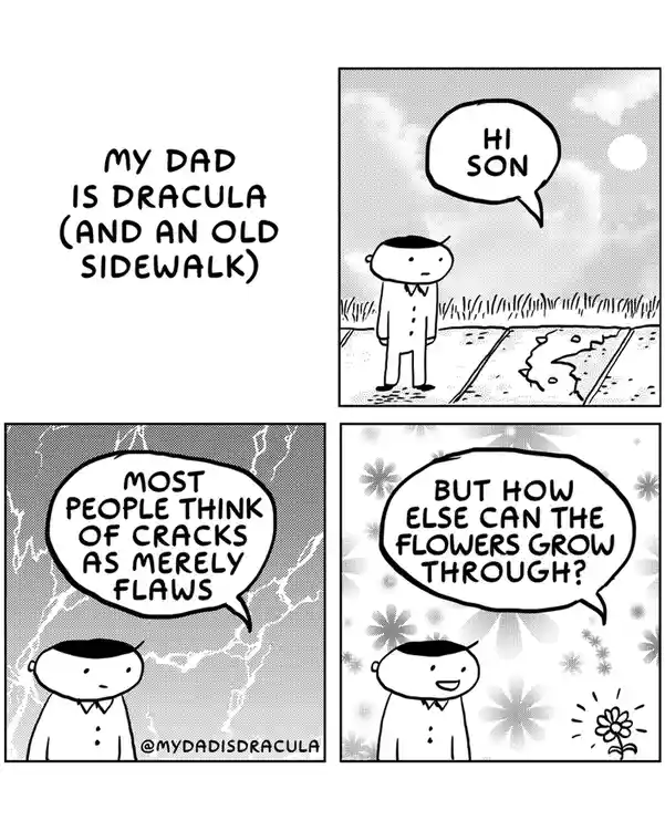A four-panel comic strip titled 'MY DAD IS DRACULA (AND AN OLD SIDEWALK)' shows a man speaking to his son. In the first…