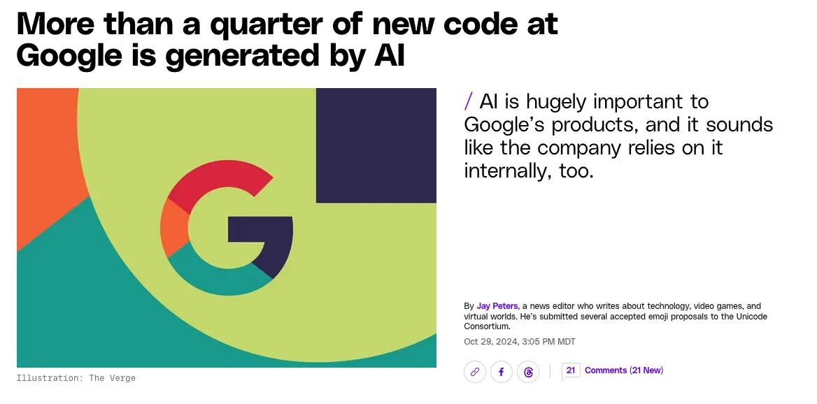 The image shows a news article snippet with the headline 'More than a quarter of new code at Google is generated by AI'…