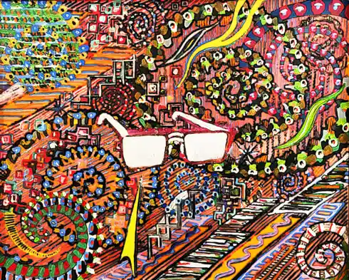 A vibrant, abstract, psychedelic artwork depicts a pair of red-framed glasses resting on a chaotic, colorful landscape…