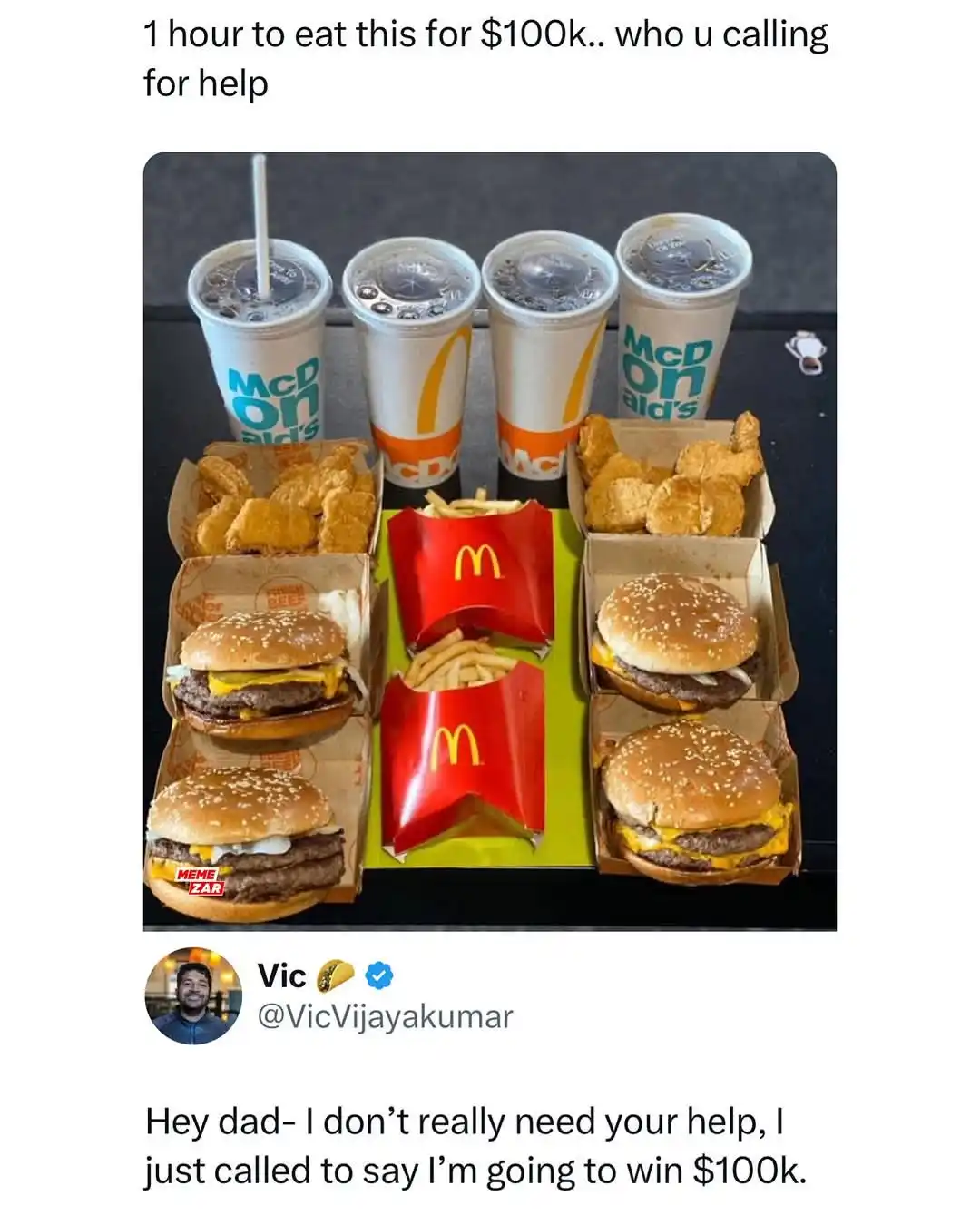 An image displays a large, elaborate McDonald's meal spread featuring four drinks, two orders of fries, two boxes of chicken…