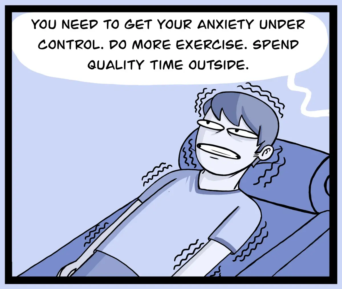 A cartoon person with a frustrated expression lies in a chair, surrounded by wavy lines indicating stress or heat. A speech…