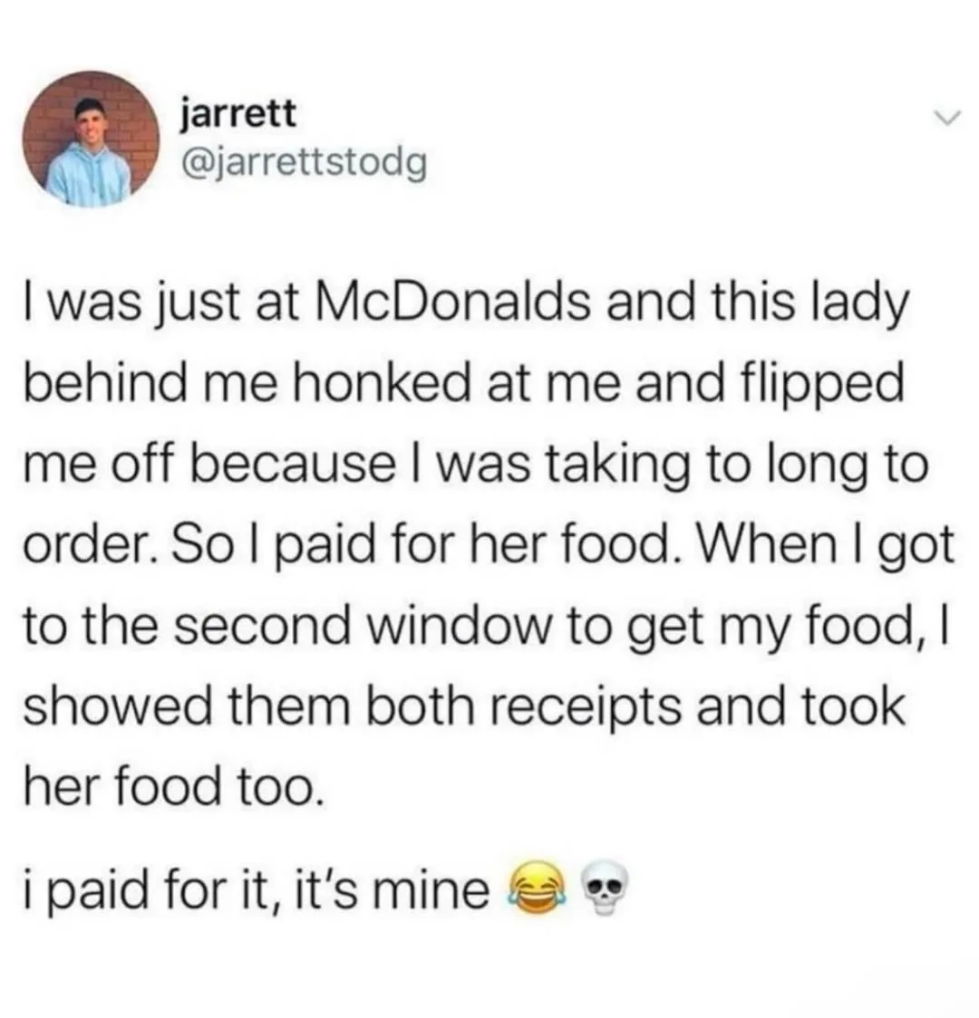 A screenshot of a tweet by user 'jarrett' (@jarrettstodg) detailing a story where he paid for a stranger's McDonald's order…