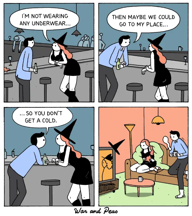 A four-panel comic strip by War and Peas shows a man and a witch at a bar. She says she's not wearing underwear, he suggests…