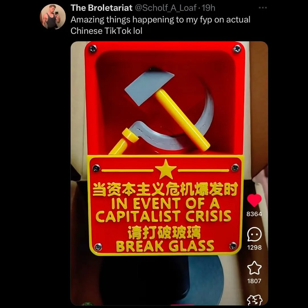 A red and yellow emergency box contains a hammer and sickle symbol, with a label that reads '当资本主义危机爆发时 IN EVENT OF A…