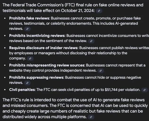 A screenshot of a black-background text document detailing the FTC's 2024 rule against fake online reviews, listing…