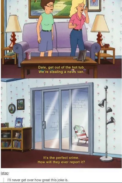 Two cartoon characters stand in a living room, one telling the other to get out of the hot tub while they plan to steal a…