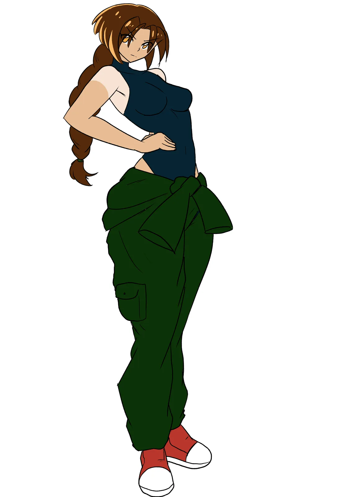 An anime-style female character with brown braided hair and orange eyes stands in a confident pose, wearing a dark blue…