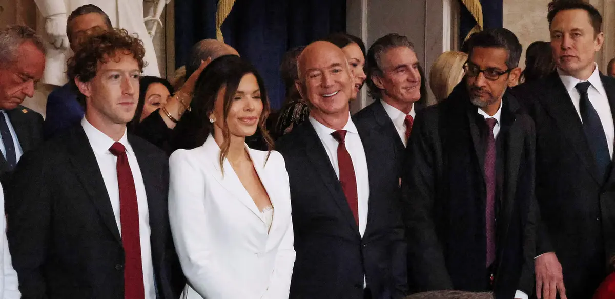 A group of wealthy individuals, including Mark Zuckerberg, Lauren Sánchez, Jeff Bezos, Elon Musk, and Sundar Pichai, are…