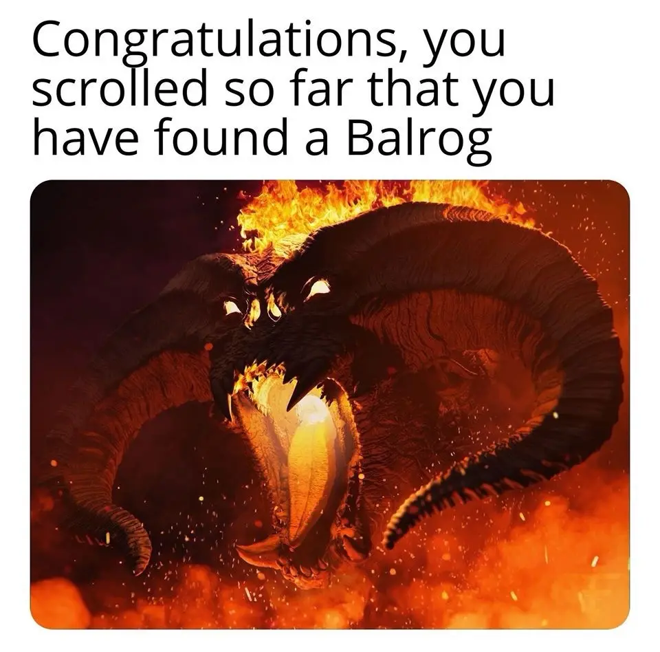 The image shows a menacing, fiery Balrog from Middle-earth, with large curved horns, glowing eyes, and a gaping mouth filled…