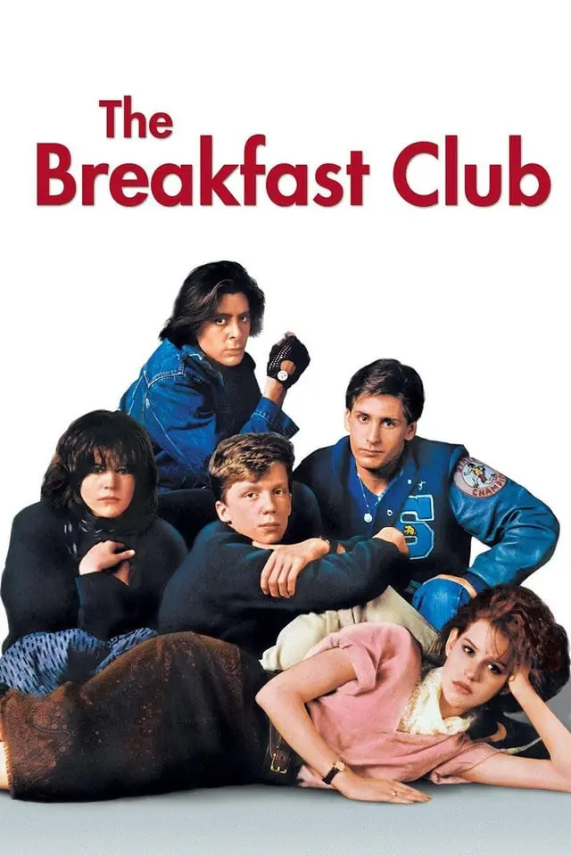 The poster for the 1985 film 'The Breakfast Club' shows five teenagers in distinct 1980s outfits posing together against a…