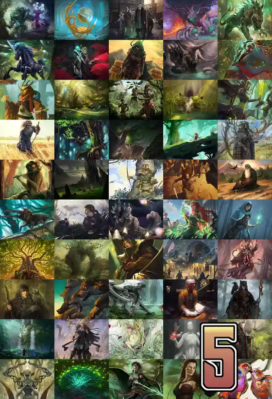 A grid of 30 fantasy-themed digital illustrations depicting various mythical creatures, magical landscapes, and characters…