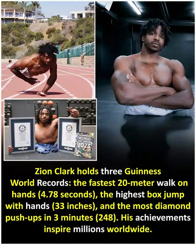 This image collage features Zion Clark in three different photos: performing a hand-walk on a track, posing confidently with…