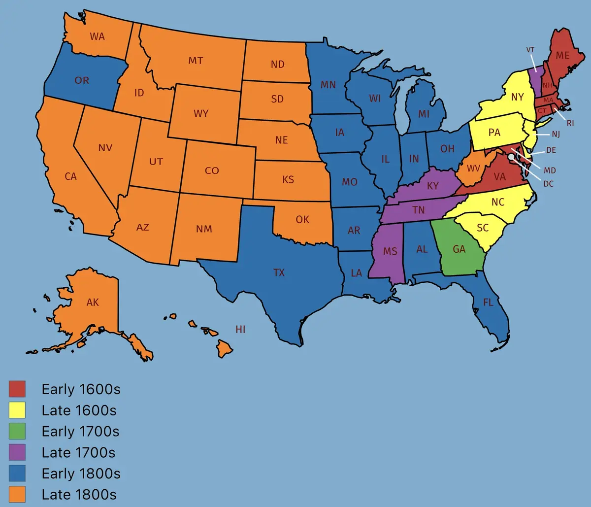 A color-coded map of the United States shows each state shaded according to when it was first settled, with a legend…