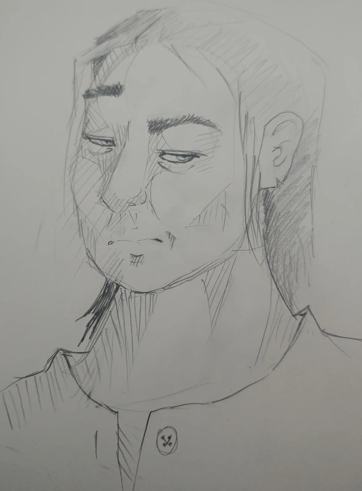 A pencil sketch of a person with a tired, half-lidded expression, wearing a collared shirt with a button. The overlaid text…