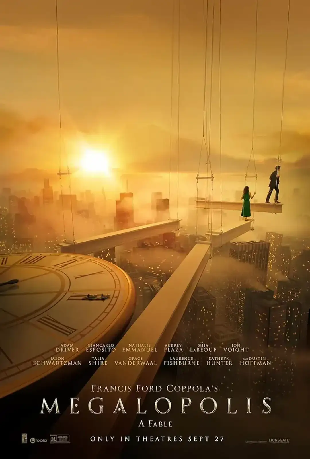A movie poster for 'Megalopolis' shows two people standing on suspended platforms high above a cityscape at sunset, with a…