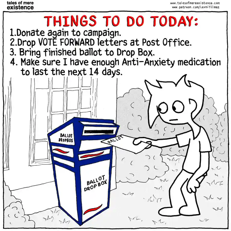 A cartoon depicts a person standing beside a blue and white ballot drop box, holding a ballot. Above them is a list titled…