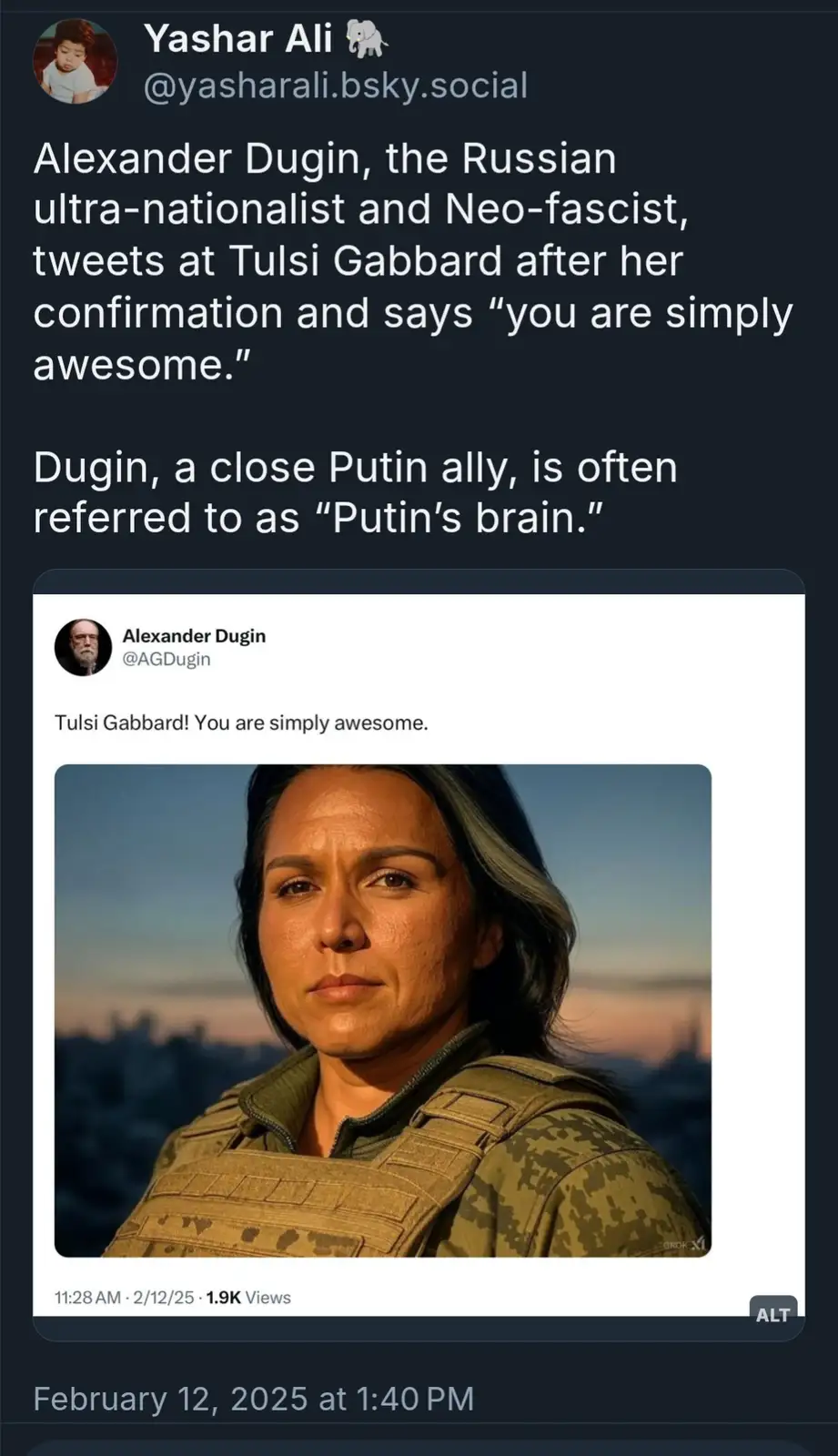 A screenshot of a social media post showing a tweet from Alexander Dugin praising Tulsi Gabbard as 'simply awesome,'…