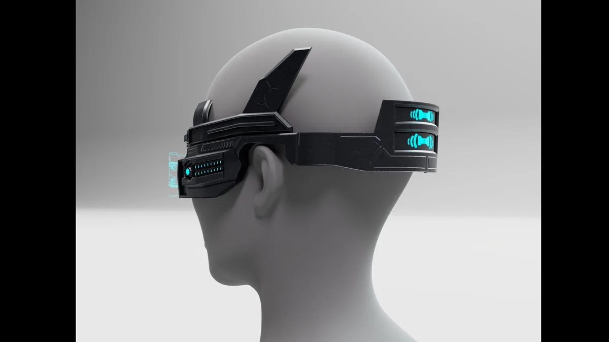 A gray mannequin head wears a futuristic black cybernetic headset with glowing blue lights and symbols. The text overlaid on…