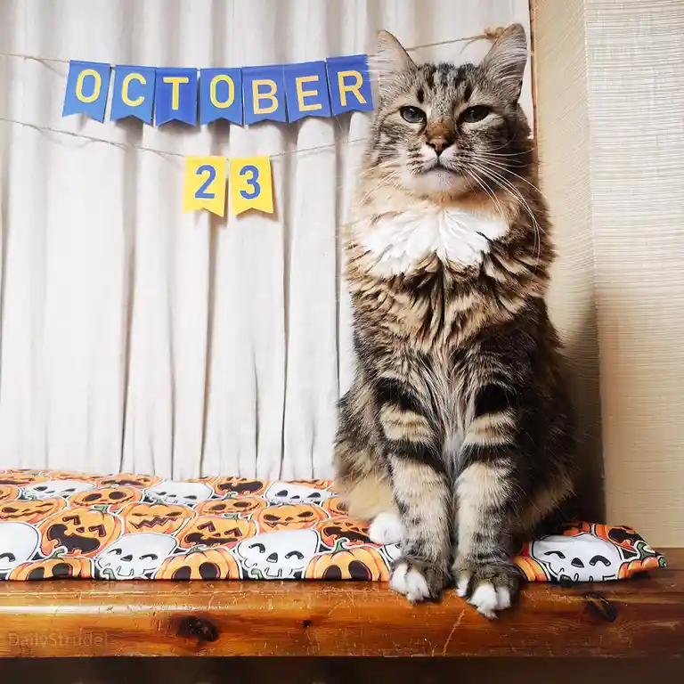 A fluffy tabby cat with green eyes sits regally on a Halloween-themed cushion featuring pumpkins and skulls, looking…