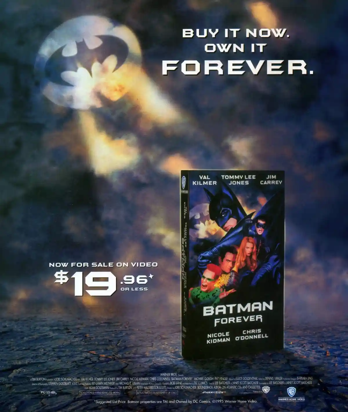 A promotional poster for the 1995 film 'Batman Forever' shows a VHS tape standing upright on a cracked, dark surface. The…