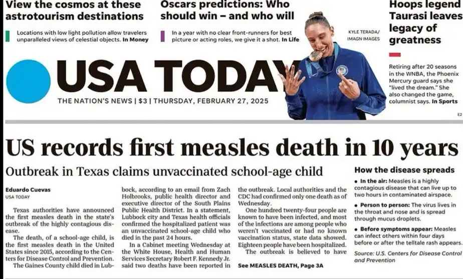 A mock USA TODAY newspaper front page from February 27, 2025, features a large headline about a measles death in Texas. The…
