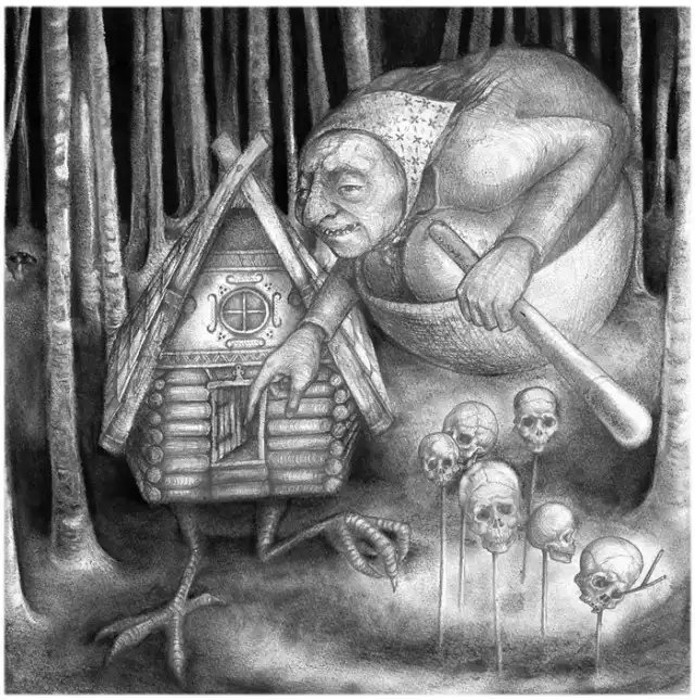 a grotesque, hunched, elderly figure with a headscarf sits in a large bowl, holding a baseball bat, pointing at a small log…