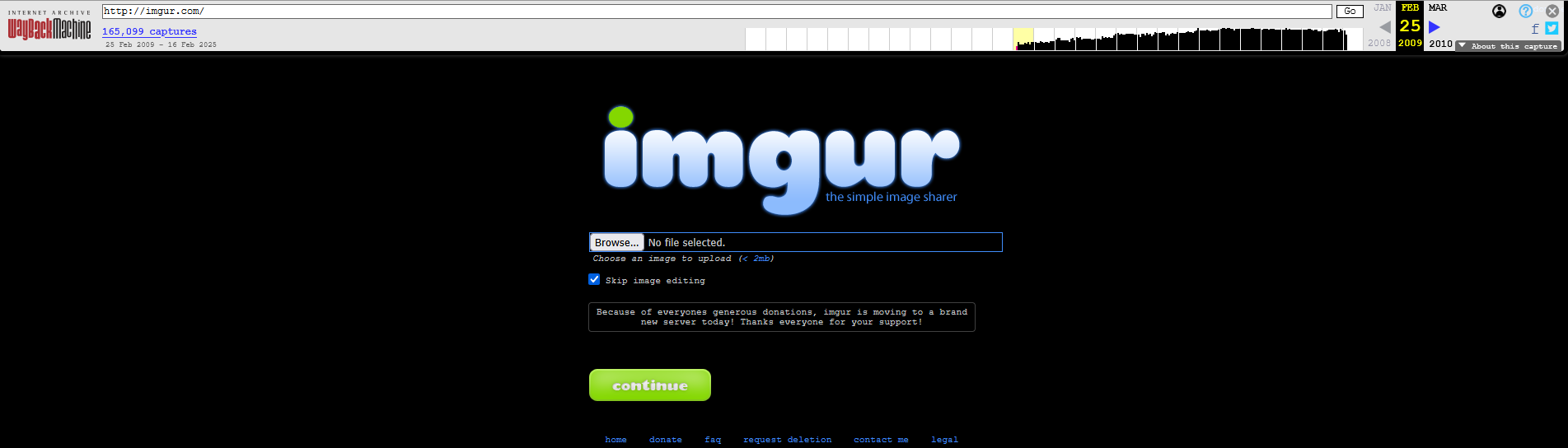 A screenshot of the Imgur website from 2009, showing the upload page with a 'Browse...' field, a 'Skip image editing'…