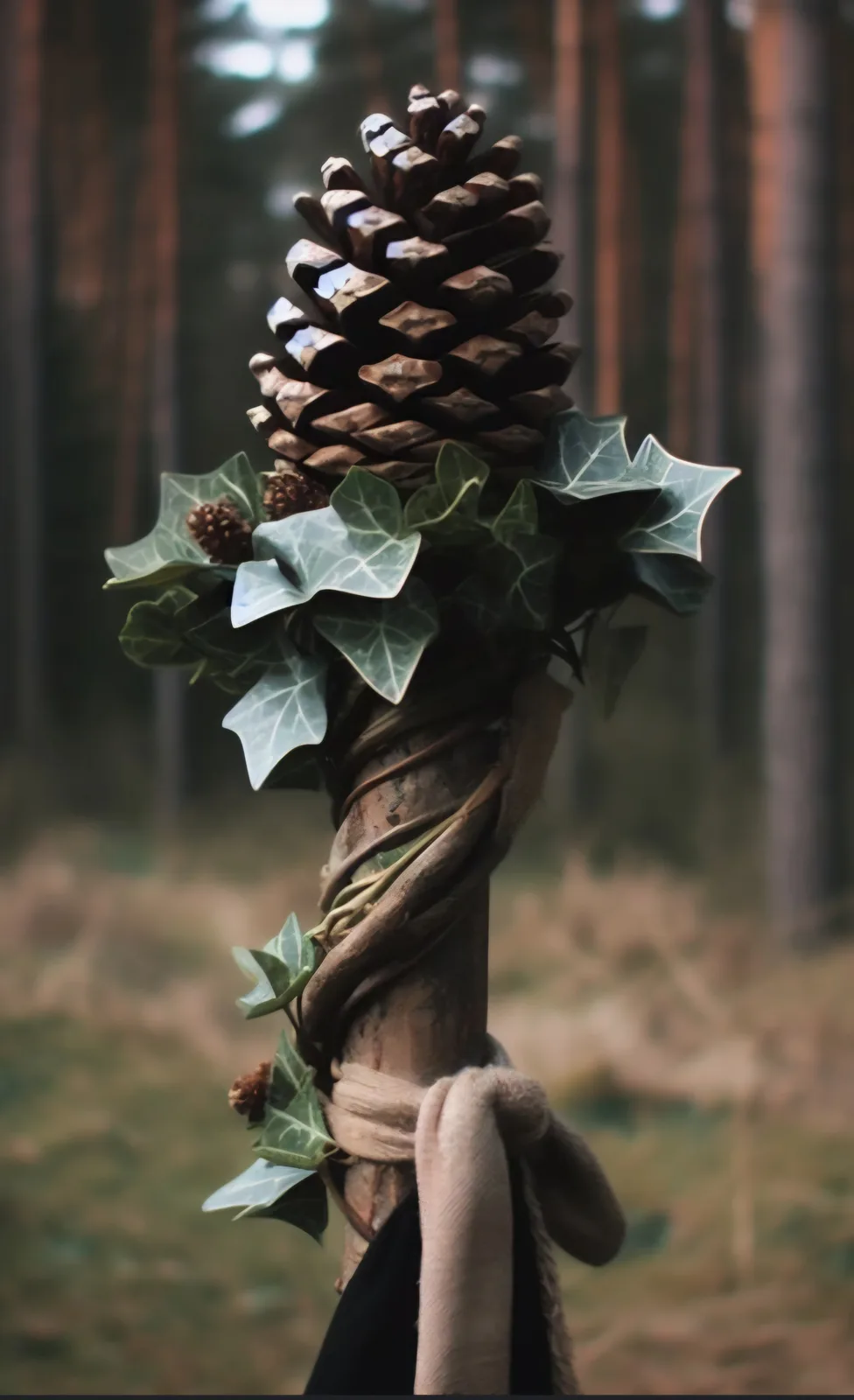 A person's hand grips a rustic staff decorated with ivy leaves, small pinecones, and topped with a large pinecone, set…