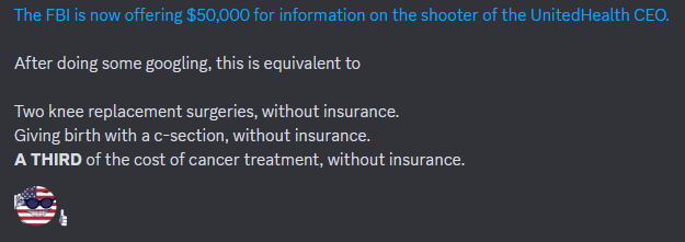 A dark gray background displays white text listing the FBI's $50,000 reward for information on the UnitedHealth CEO shooter…
