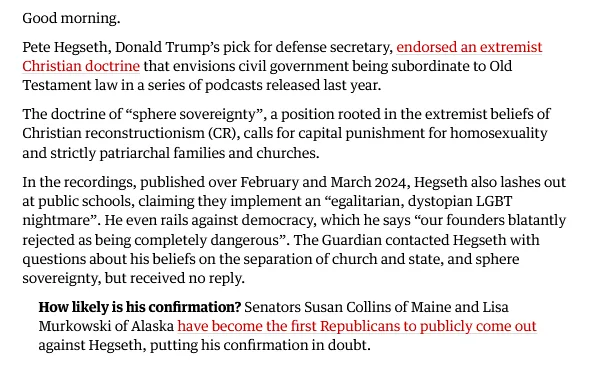 A screenshot of a news article detailing Pete Hegseth's controversial views, including endorsing an extremist Christian…
