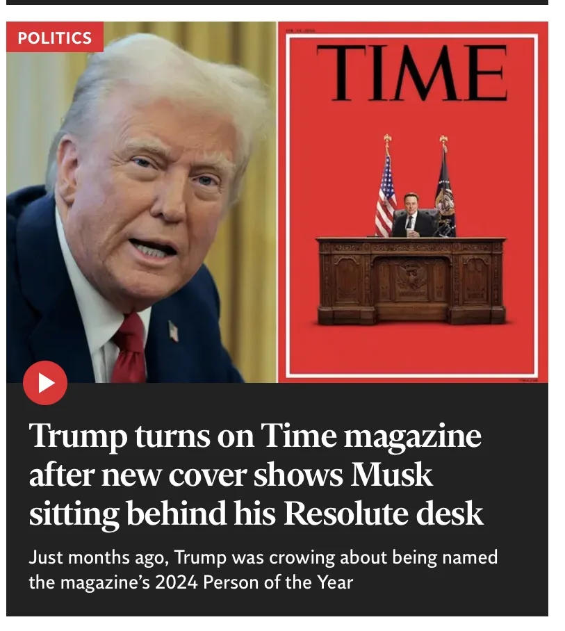 The image shows a split-screen: on the left, a photo of Donald Trump looking surprised or angry, and on the right, a Time…